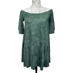 NWT Olivaceous Off Shoulder‎ Mini Emerald Green Faux Suede Dress Boho Glam
